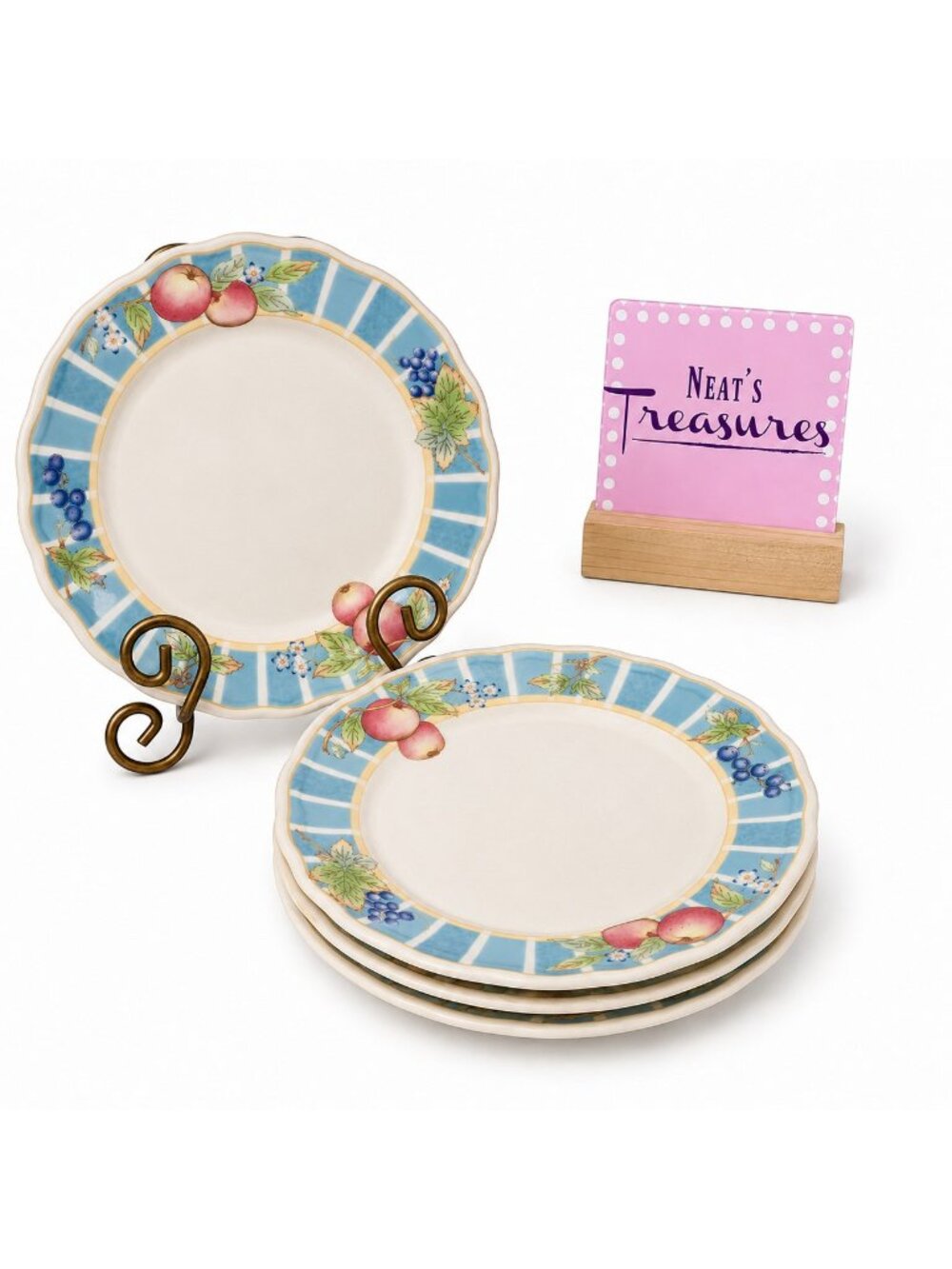 Epoch Exclusives CENTERBROOK E205 Fruit Blue Panels Scalloped Salad Plates Set 4